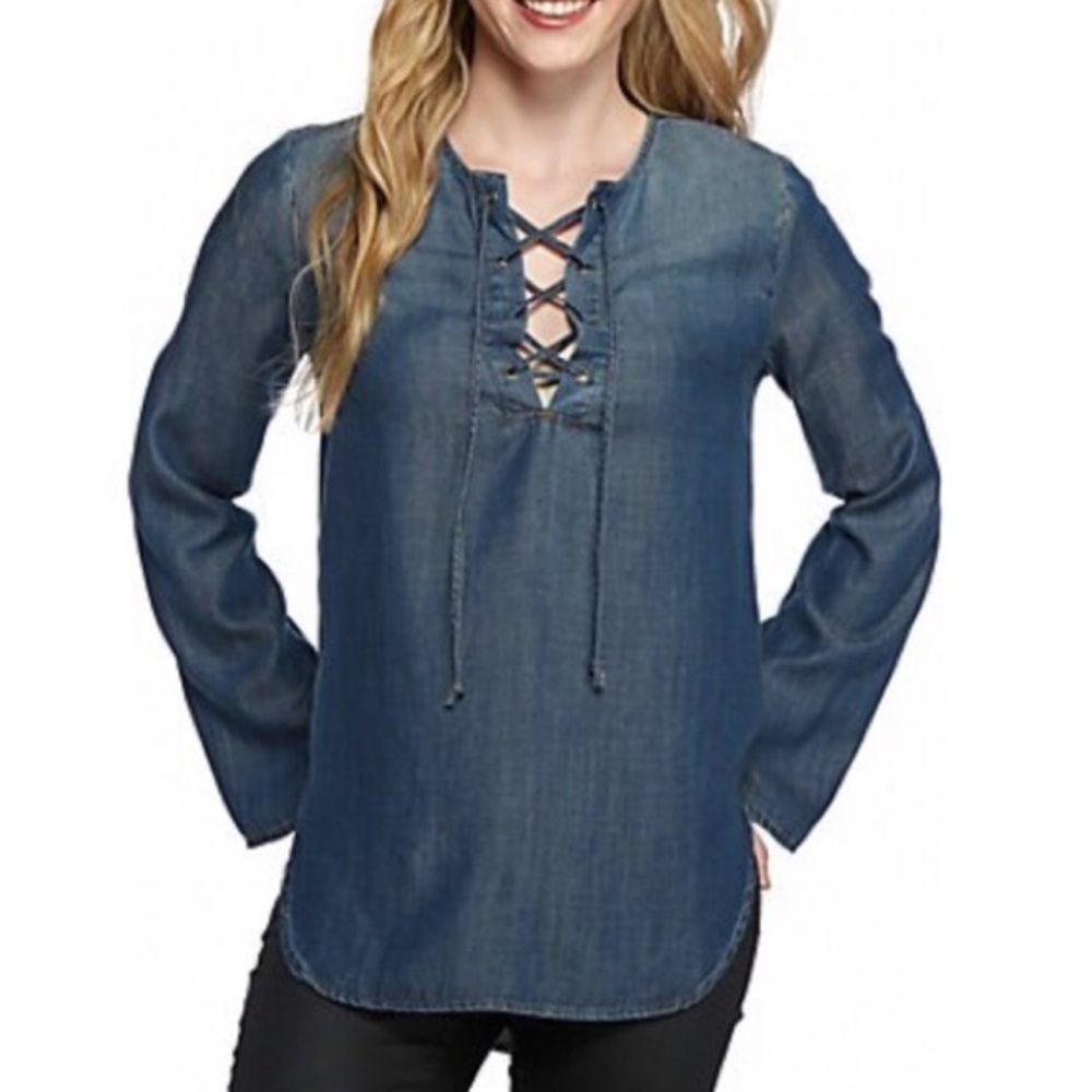 ANTHROPOLOGIE CLOTH & STONE CHAMBRAY LACE UP BLOUSE MEDIUM TENCEL LYOCELL TUNIC